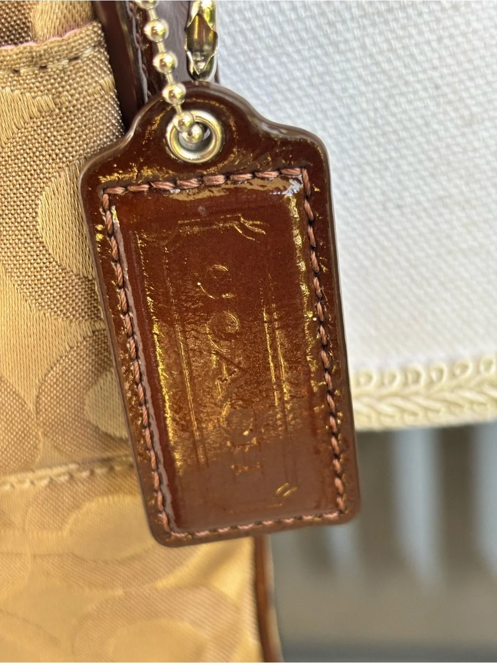 Coach Madison Op Art Signature Jacquard Swingpack Crossbody Beige Brown